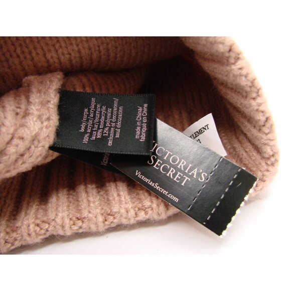 NEW Victorias Secret Rhinestone Embellished Pom Pom Hat Beanie Sparkle OS Blush - Picture 7 of 10